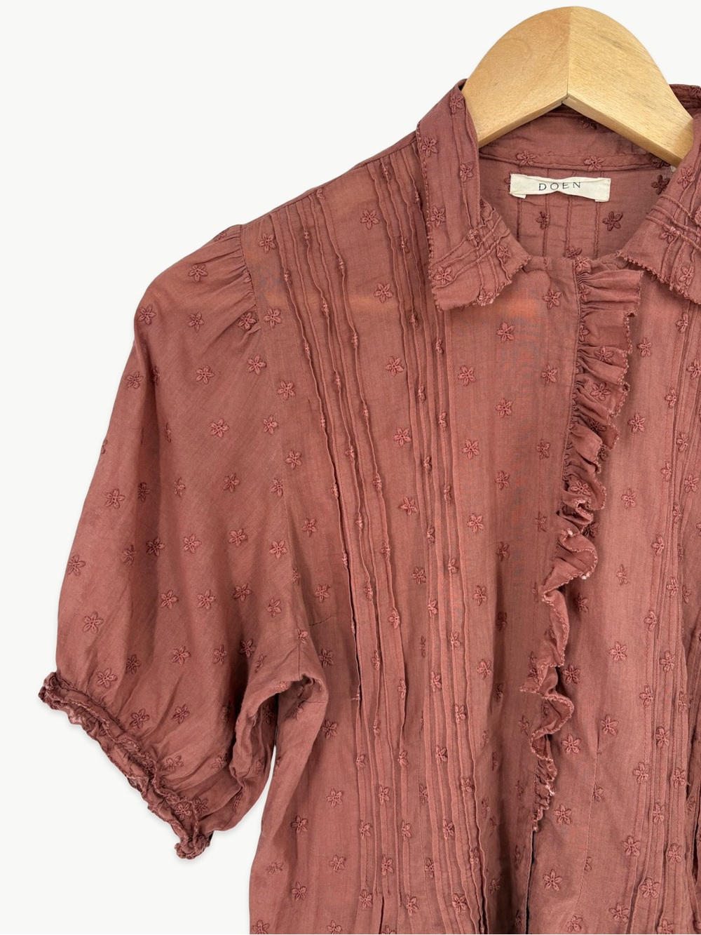 DÔEN Bird Top in Canyon Size Small Cotton Pintuck Ruffle Embroidered Blouse Rare - Picture 13 of 15